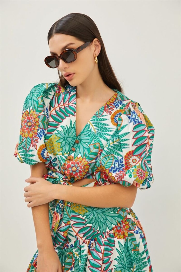 Yeşil Floral Desenli Kruvaze Crop Bluz Midi Etek TakımST070S30799002