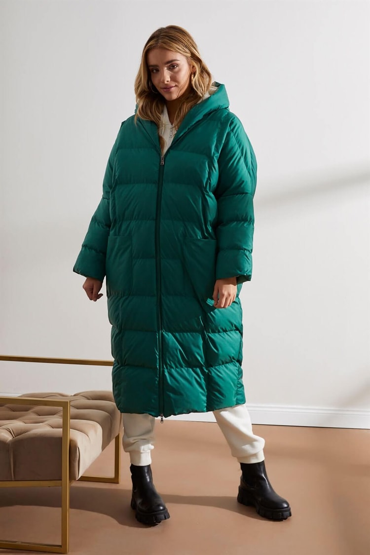 Yeşil Kapüşonlu Uzun Puffer MontST050W6411401