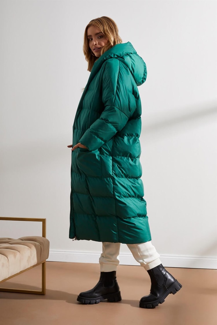 Yeşil Kapüşonlu Uzun Puffer MontST050W6411401