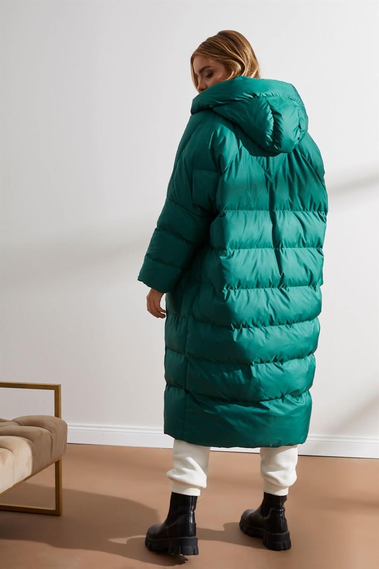 Yeşil Kapüşonlu Uzun Puffer MontST050W6411401