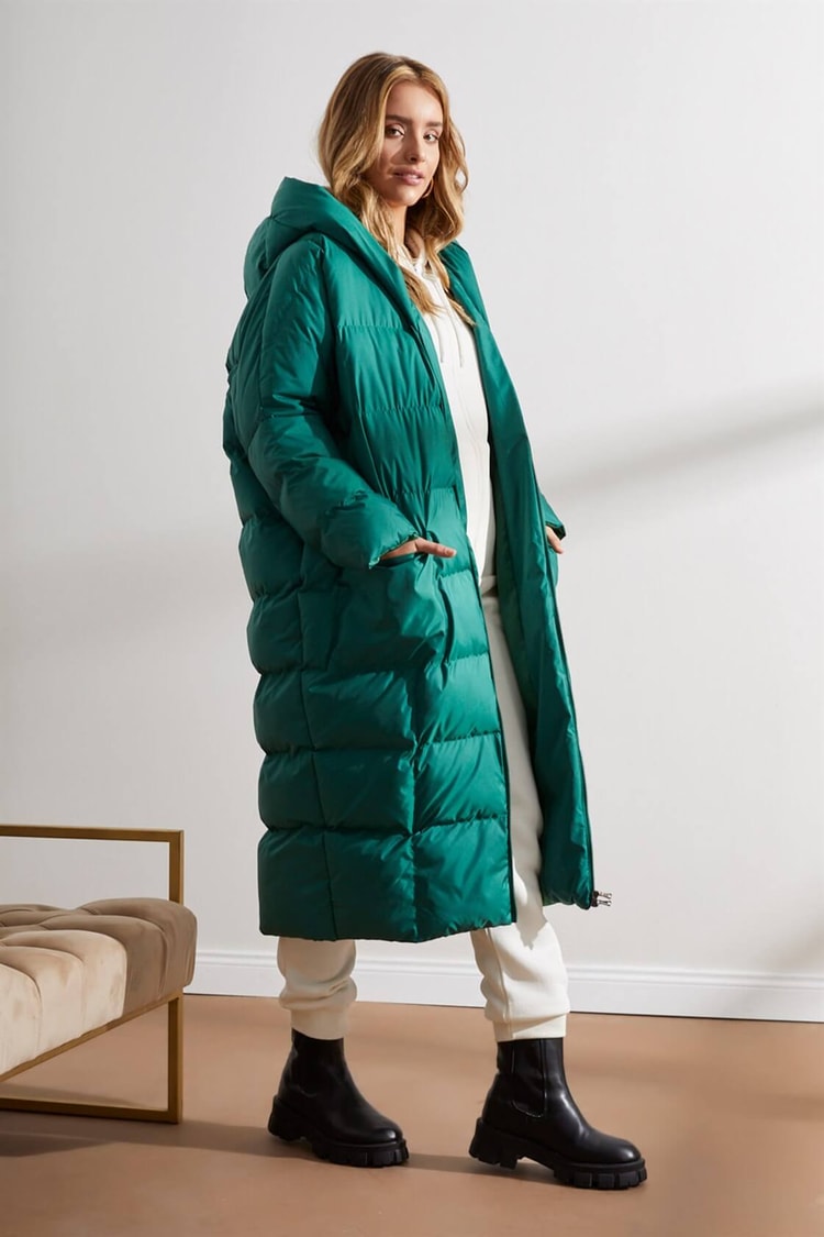 Yeşil Kapüşonlu Uzun Puffer MontST050W6411401