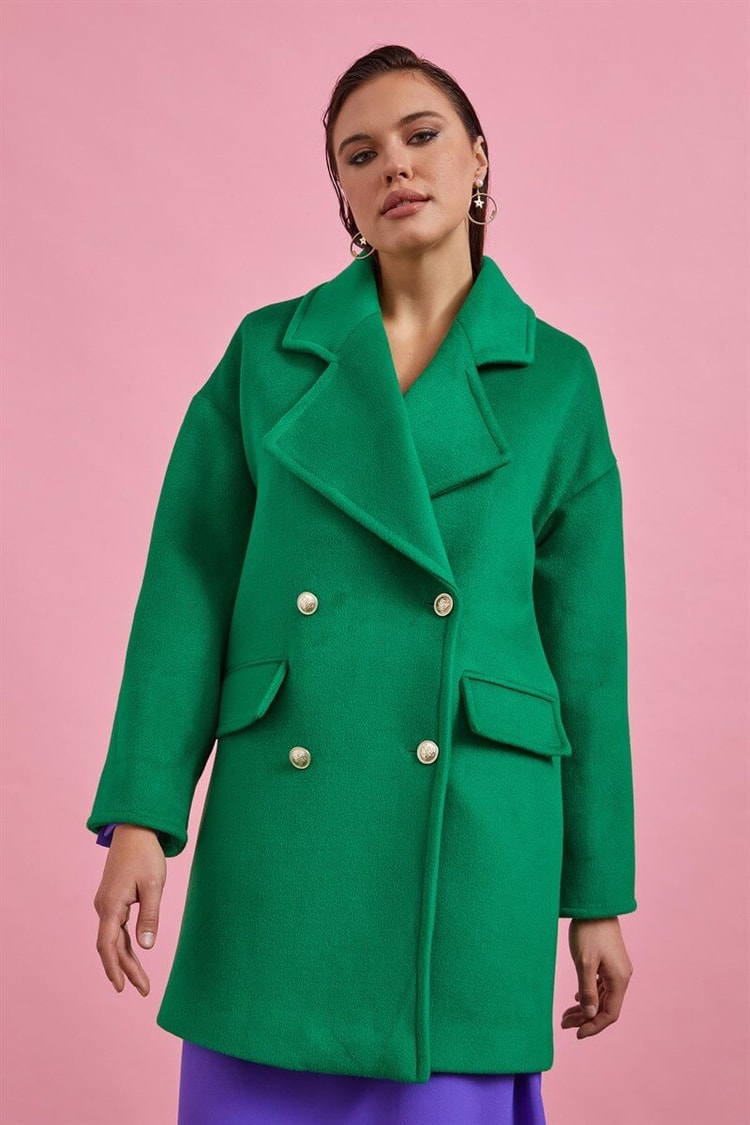 Yeşil Kruvaze Oversize Kaşe KabanST060W64135001