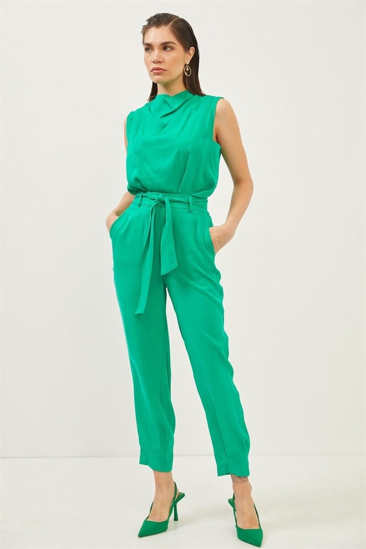 Yeşil Saten Kuşaklı Pantolon Bluz TakımST060S30590003