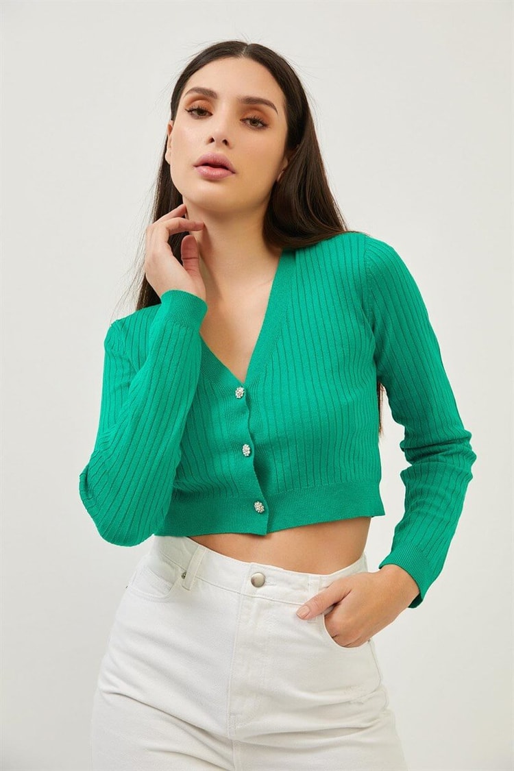 Yeşil Taşlı Düğme Detaylı Crop Triko BluzST070S94182003