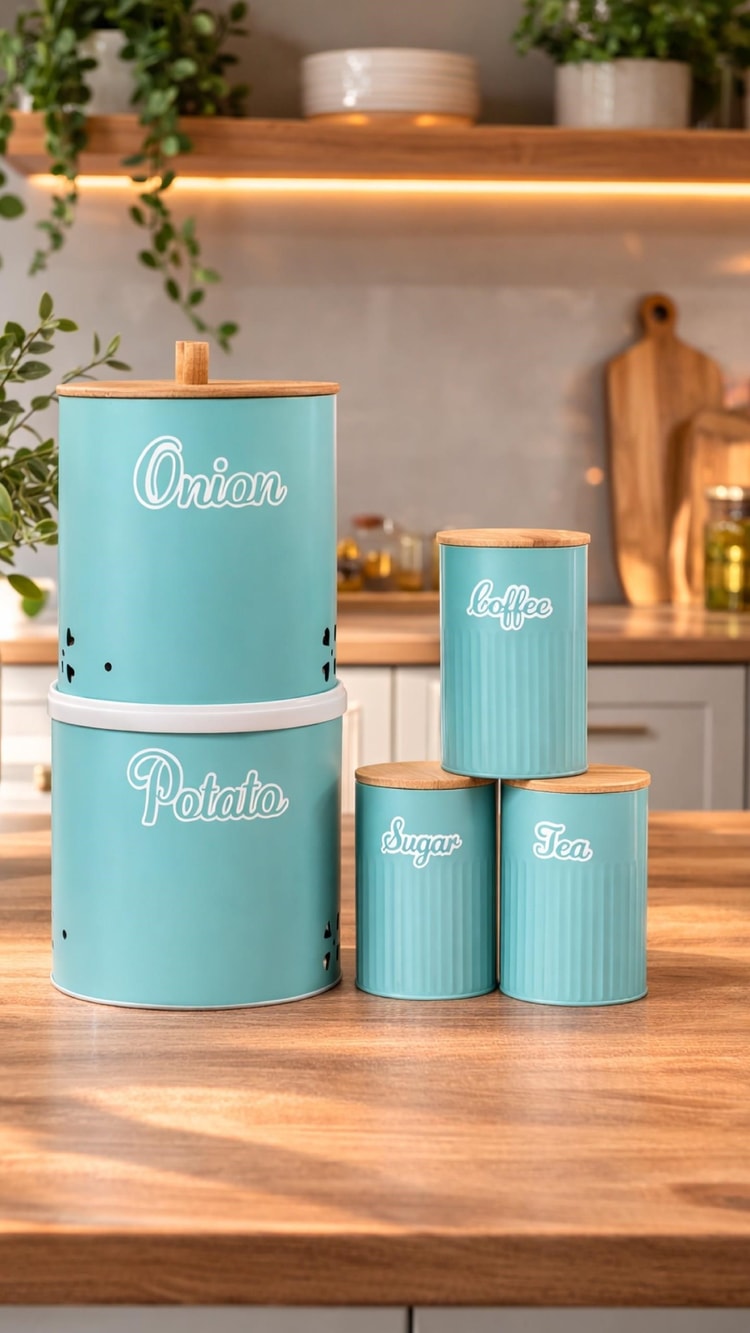 5 Parça Bambu Kapaklı Metal Patates & Soğan Saklama Kovası Ve Çay Kahve Şeker Kavanoz Seti
