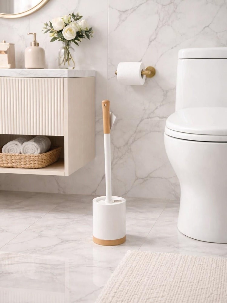 Ahşap Detaylı Silindir Tuvalet Fırçası Ve Standı – Modern, Kapalı Hazneli WC Fırçası  VICHY-7041