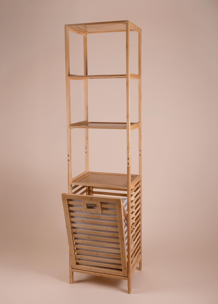 Bambu 4 Raflı Banyo Düzenleyici Dolap ve Çamaşır Sepeti 160x40x33 Cm