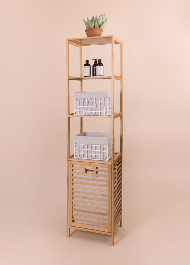Bambu 4 Raflı Banyo Düzenleyici Dolap ve Çamaşır Sepeti 160x40x33 Cm