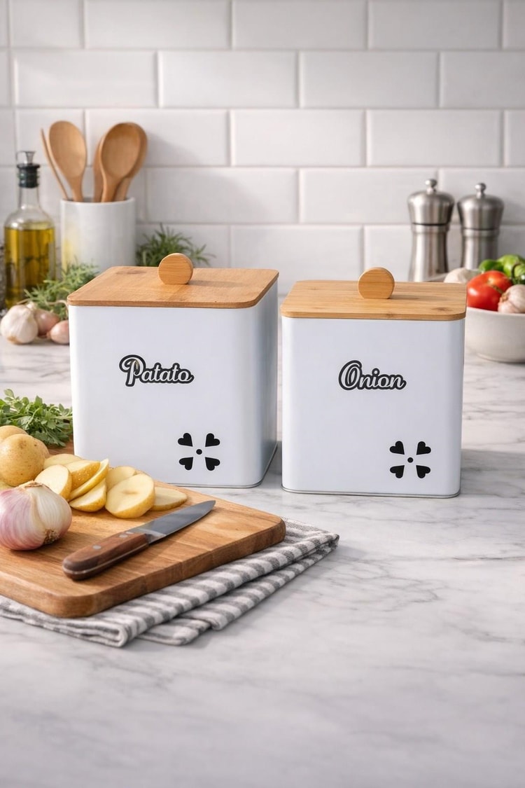 Bambu Kapaklı Kare Metal Patates Soğanlık Decorev Beyaz DC 7101