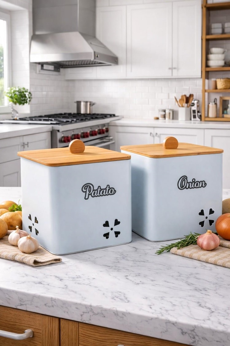 Bambu Kapaklı Kare Metal Patates Soğanlık Decorev Beyaz DC 7101