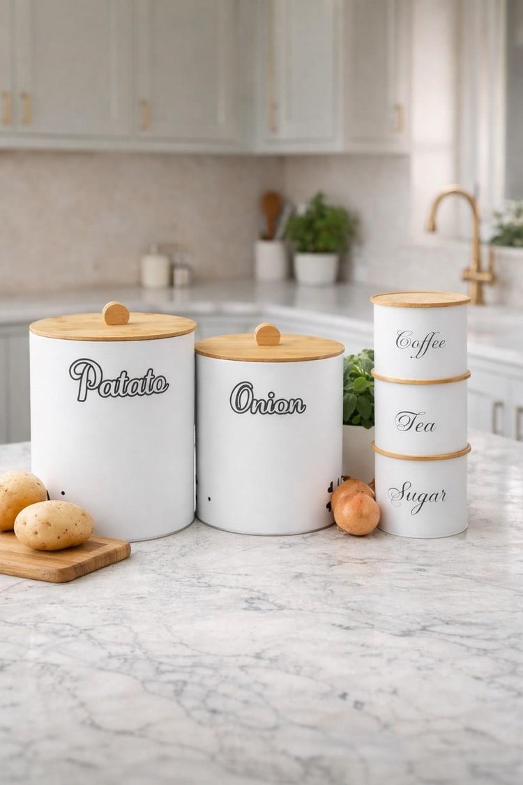 Bambu Kapaklı Metal Mutfak Saklama Kavanozu Seti – Patates, Soğan Ve Kahve Çay Şeker Saklama Kabı