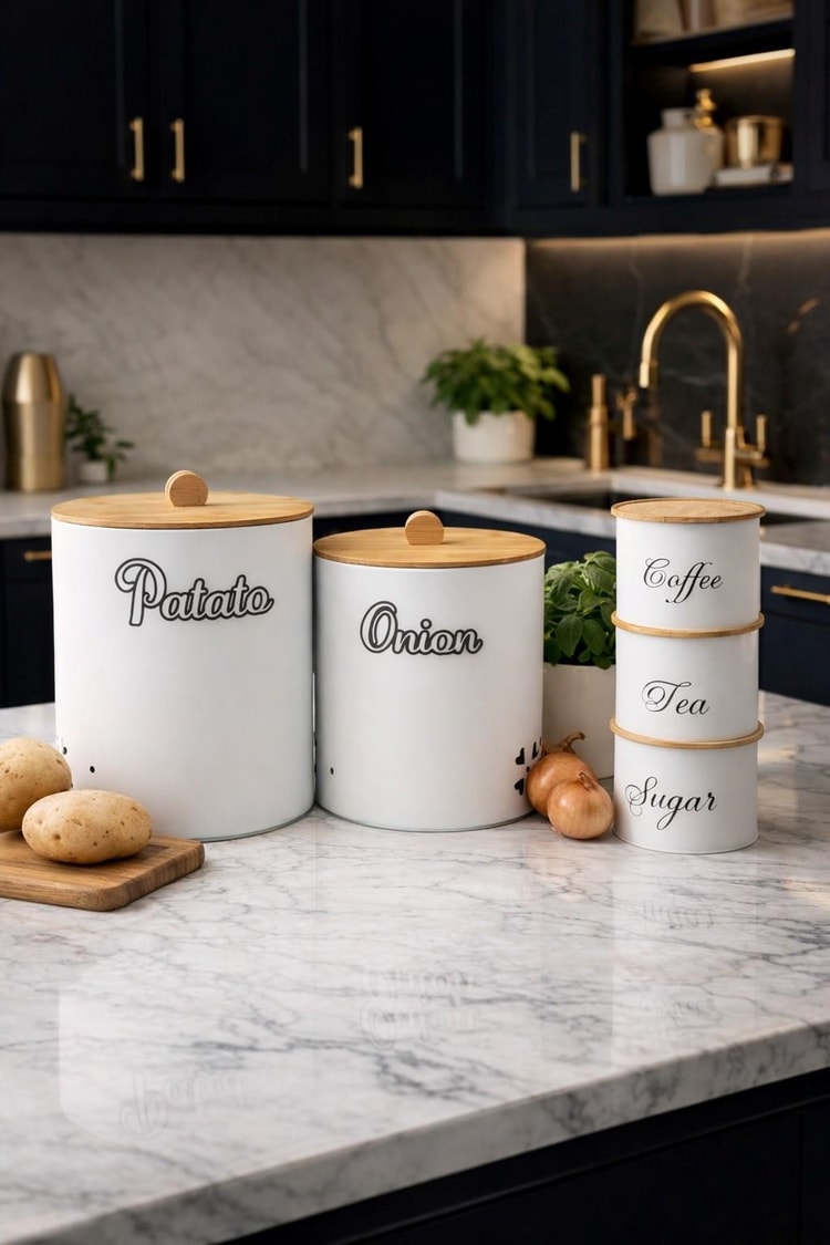 Bambu Kapaklı Metal Mutfak Saklama Kavanozu Seti – Patates, Soğan Ve Kahve Çay Şeker Saklama Kabı