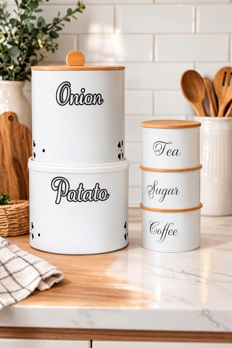 Bambu Kapaklı Metal Patates & Soğan Saklama Kovası Ve Çay Kahve Şeker Kavanoz Seti – Beyaz
