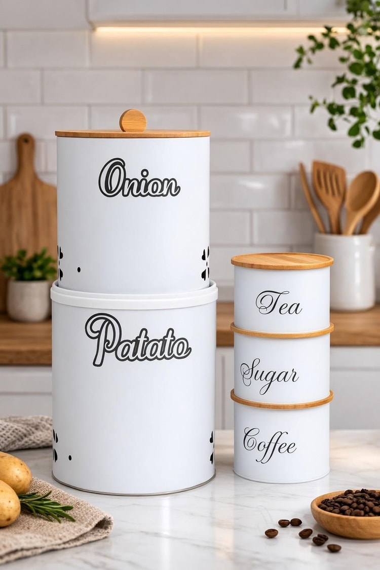 Bambu Kapaklı Metal Patates & Soğan Saklama Kovası Ve Çay Kahve Şeker Kavanoz Seti – Beyaz