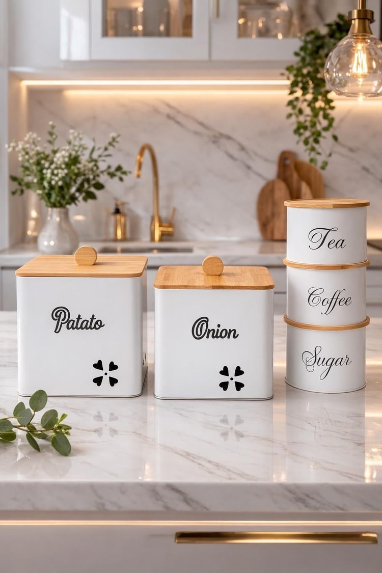 Bambu Kapaklı Metal Patates Ve Soğan Saklama Kovası Kare  & Çay Kahve Şeker Kavanoz Seti – BEYAZ