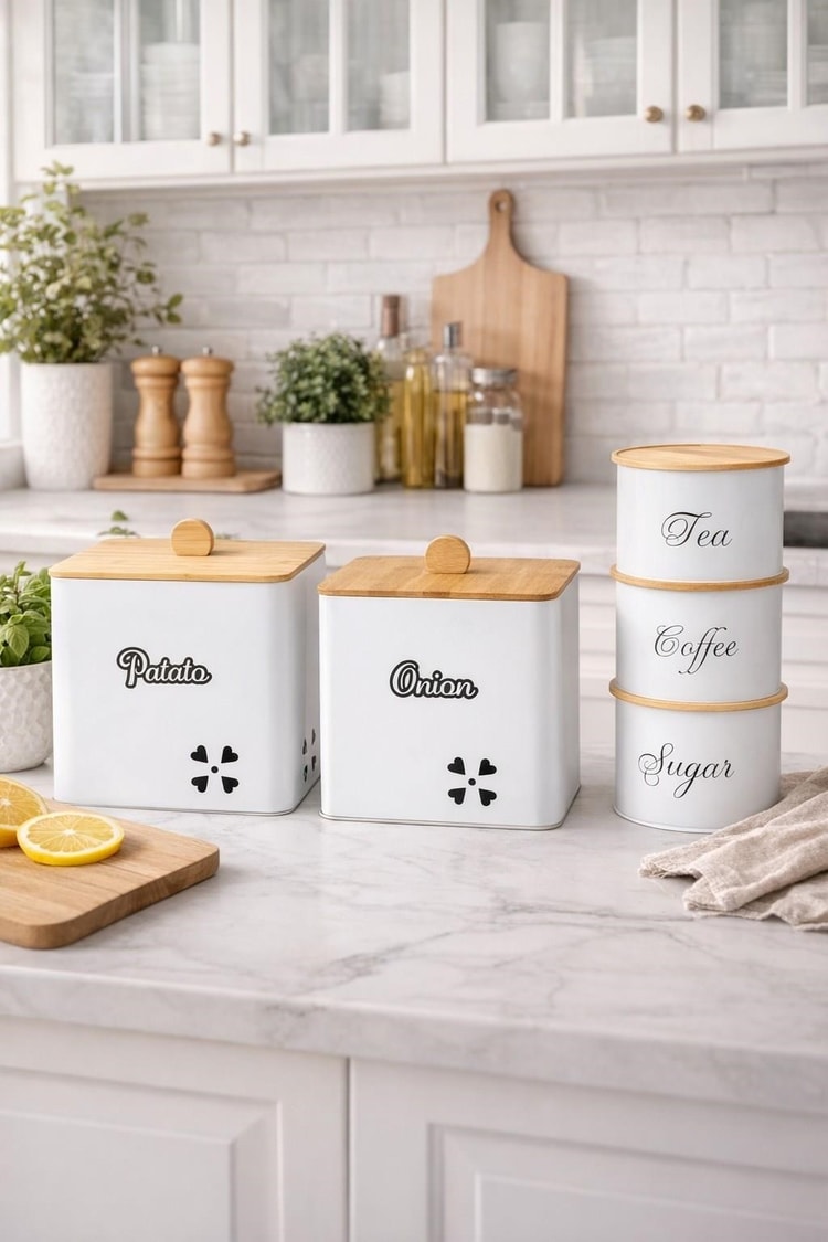 Bambu Kapaklı Metal Patates Ve Soğan Saklama Kovası Kare  & Çay Kahve Şeker Kavanoz Seti – BEYAZ