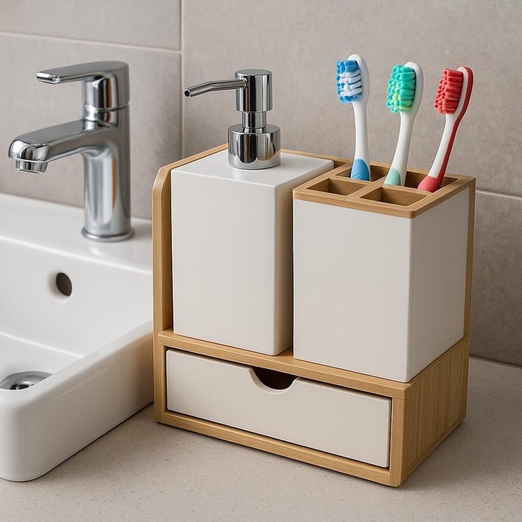 Bambu Tabanlı Plastik Banyo Seti – Sıvı Sabunluk, Diş Fırçalık ve Çekmeceli Organizer UR-3523