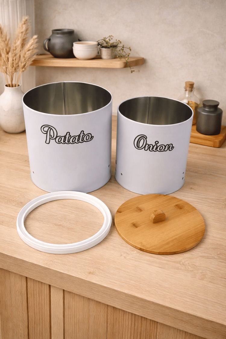 Bambu Tek Kapaklı Metal Patates Soğanlık Decorev Beyaz DC -7106