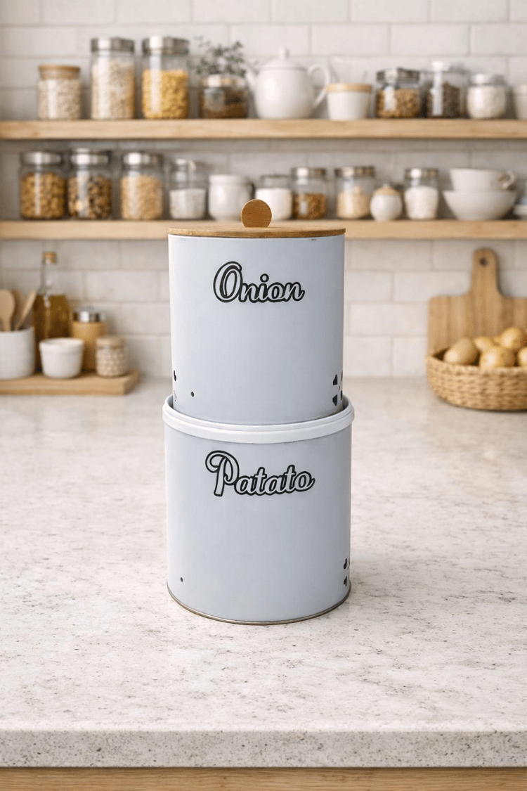 Bambu Tek Kapaklı Metal Patates Soğanlık Decorev Beyaz DC -7106