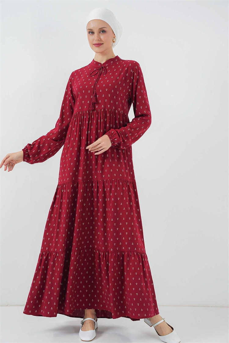 Bıgdart Y25 1627 Bordo Kadın Yaka Bagcıklı Tesettur Elbıse