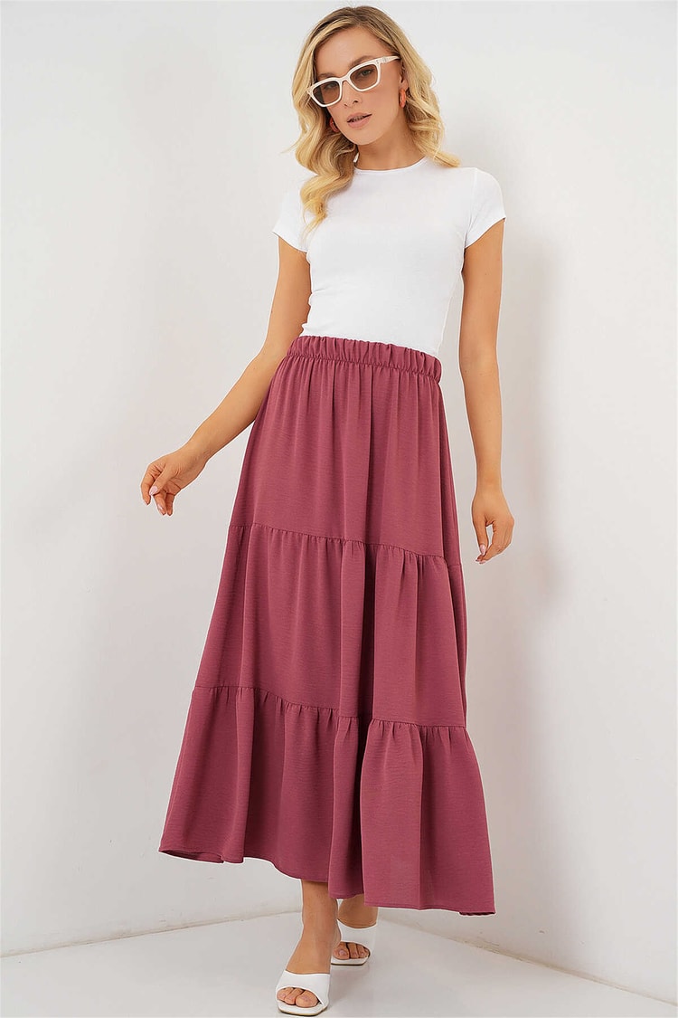 Bıgdart Y26 8048 Gul Kurusu Kadın Pılıselı Saten Gorunumlu Etek