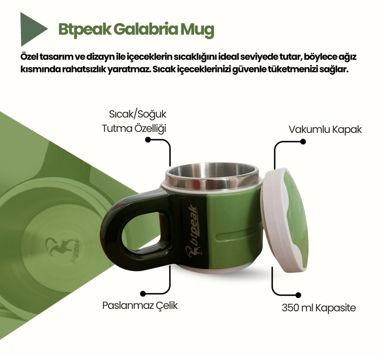 Btpeak Galabria 350 ml Vakum Kapaklı Paslanmaz Çelik Mug, Bardak,Termos Sıcak/Soğuk