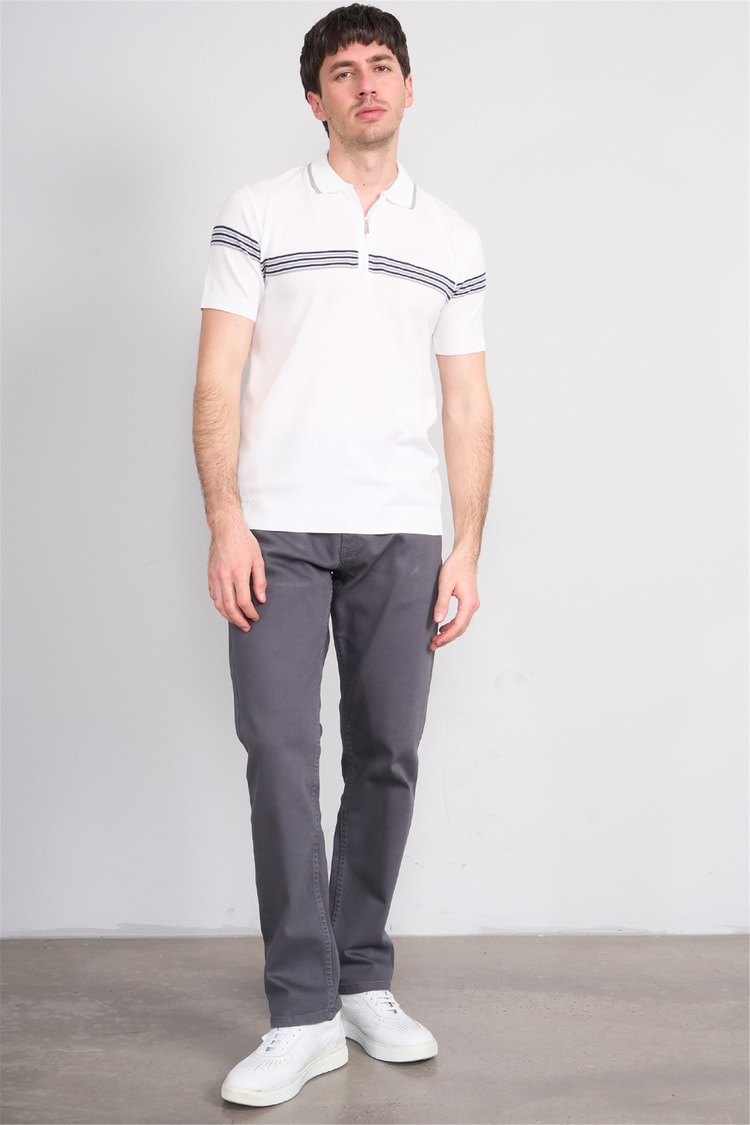 C.K Y26 805 Beyaz Erkek Triko Fermuarlı Çizgi Detaylı Polo Yaka Tişört M-Xxl