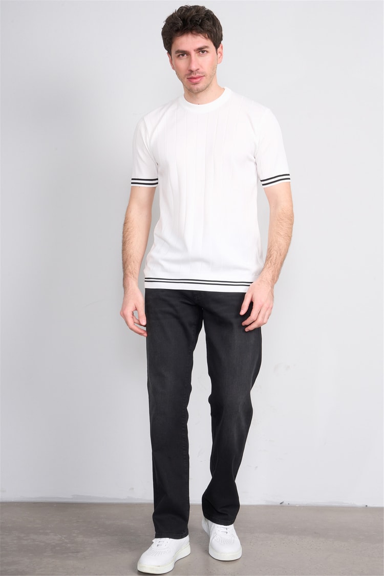 C.K Y26 828 Beyaz Erkek Triko Bisiklet Yaka Nakış Detaylı Şeritli Tişört M-Xxl