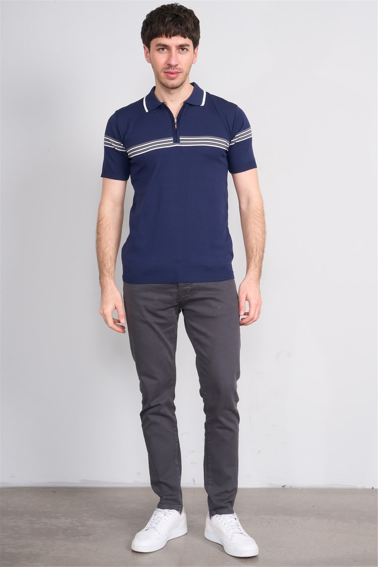 C.K Y26 805 Lacivert Erkek Triko Fermuarlı Çizgi Detaylı Polo Yaka Tişört M-Xxl