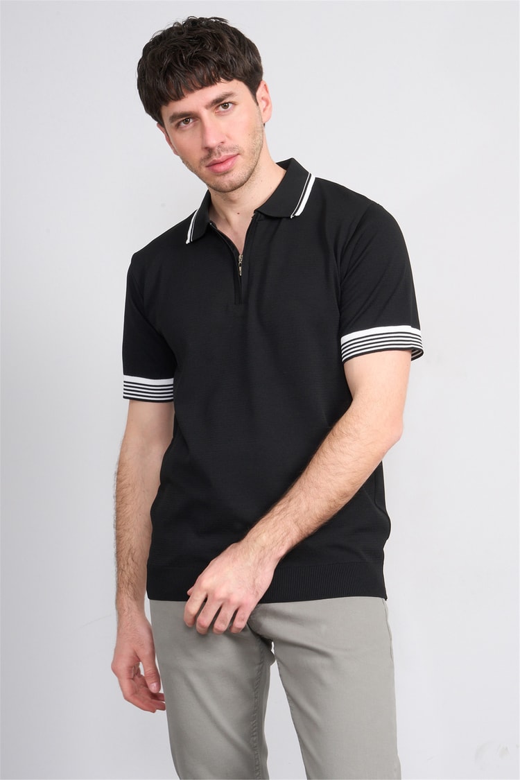 C.K Y26 815 Siyah Erkek Triko Fermmuarlı Şeritli Polo Yaka Tişört M-Xxl