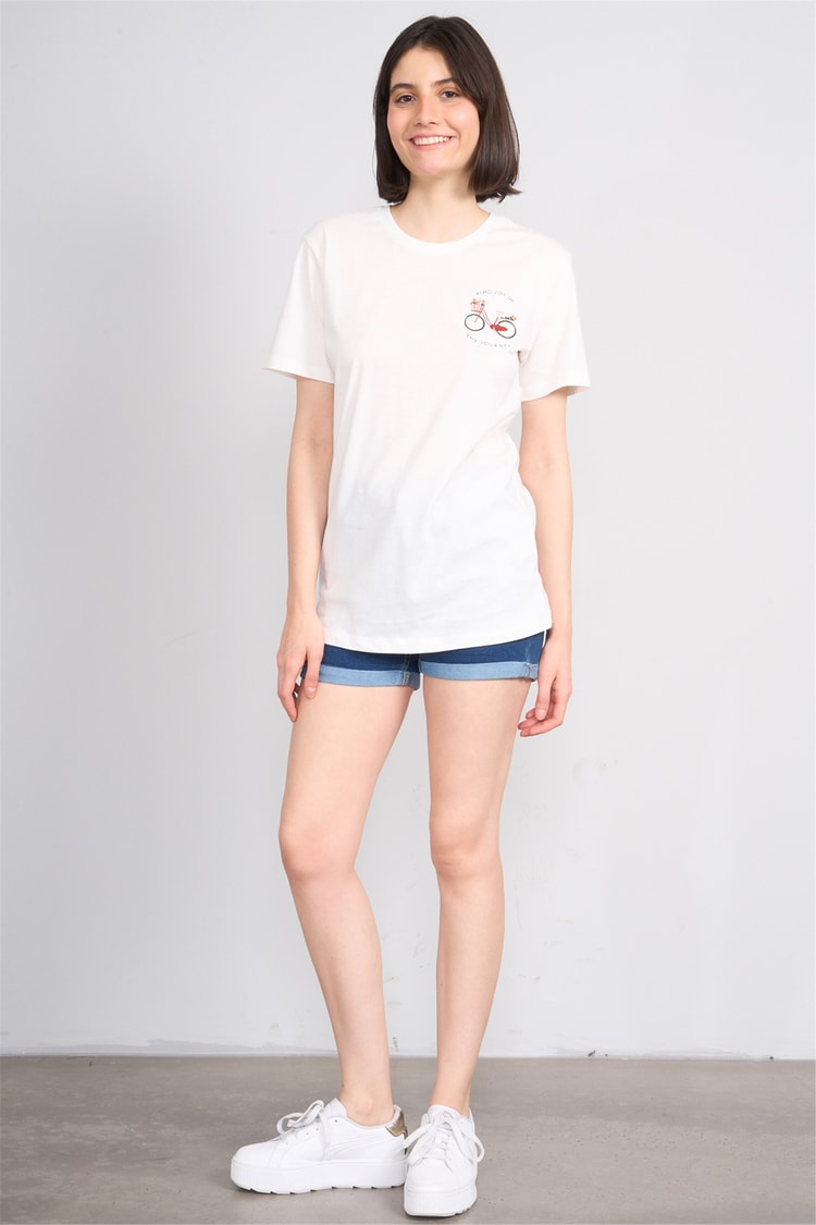 C.K Y26 8946 Fithit Kadın Bisiklet Yaka Regular Nakışlı T-shirt Krem