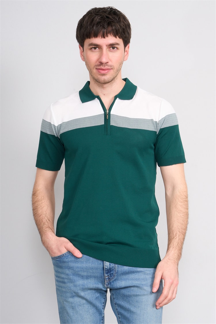 C.K Y26 802 Zümrüt Erkek Triko Fermuarlı Desenli Polo Yaka Tişört M-Xxl