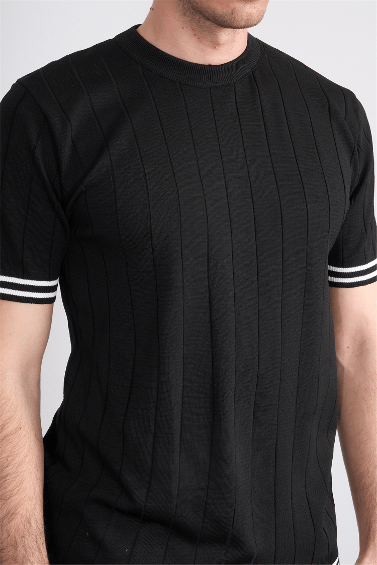 C.K Y26 828 Siyah Erkek Triko Bisiklet Yaka Nakış Detaylı Şeritli Tişört M-Xxl