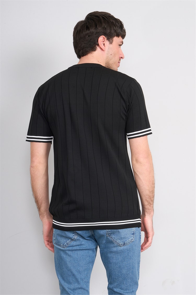 C.K Y26 828 Siyah Erkek Triko Bisiklet Yaka Nakış Detaylı Şeritli Tişört M-Xxl