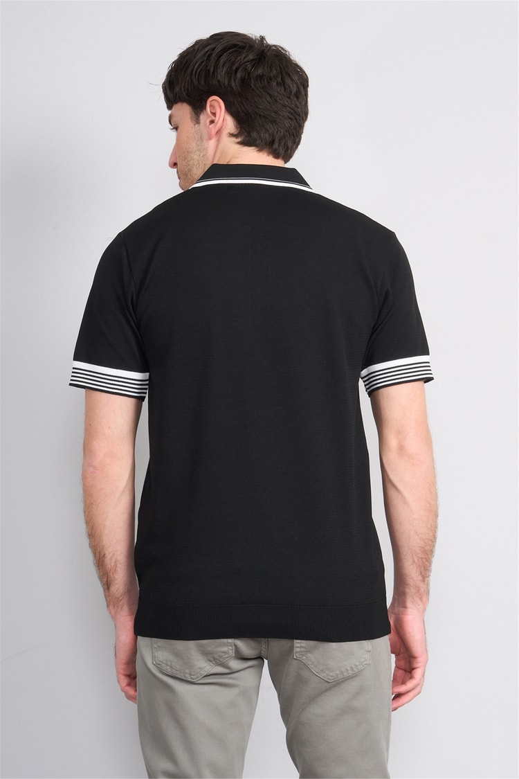 C.K Y26 815 Siyah Erkek Triko Fermmuarlı Şeritli Polo Yaka Tişört M-Xxl