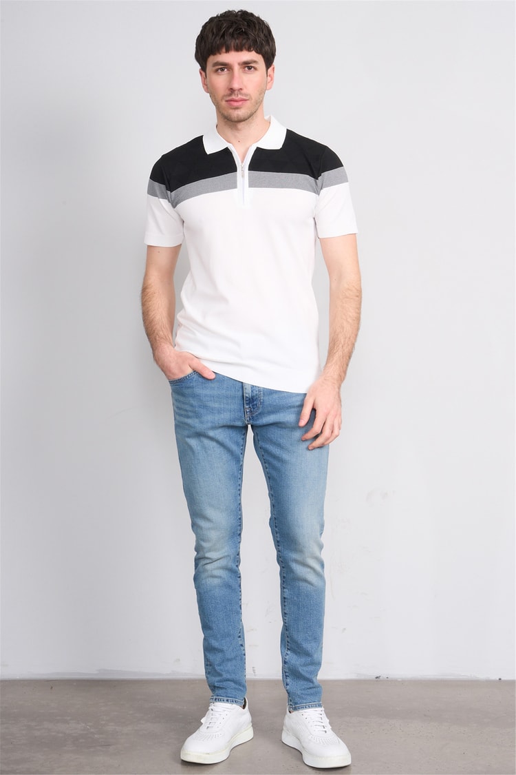 C.K Y26 802 Beyaz Erkek Triko Fermuarlı Desenli Polo Yaka Tişört M-Xxl