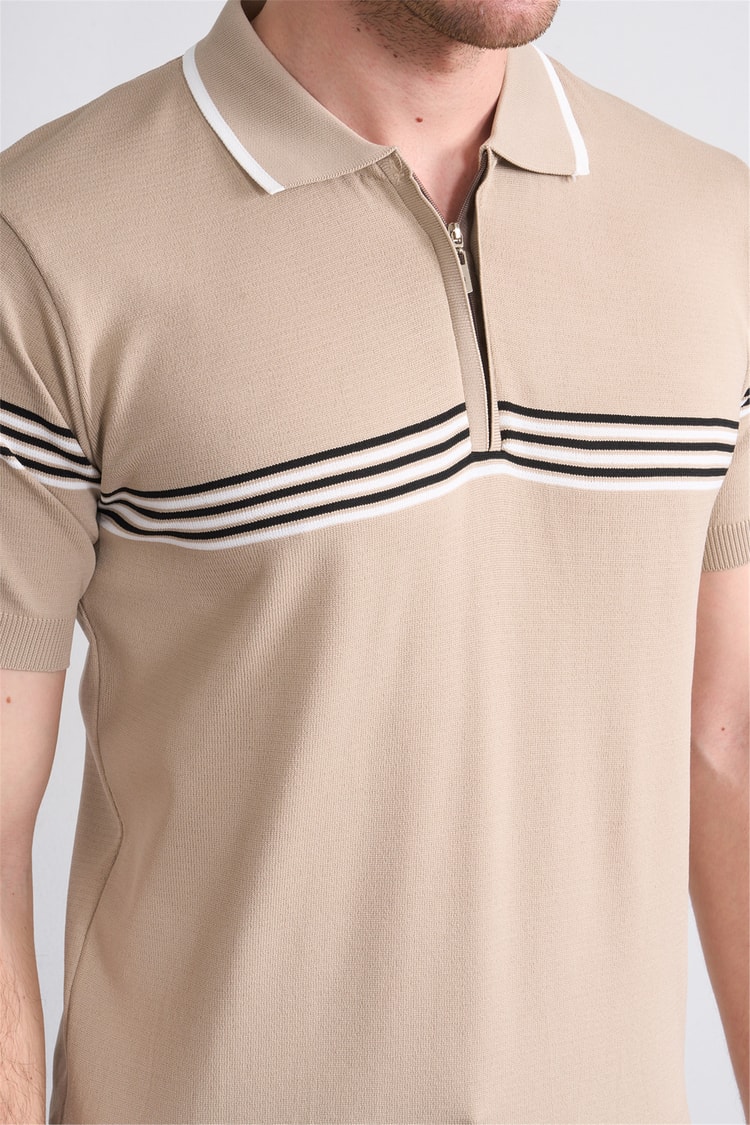 C.K Y26 805 Kahverengi Erkek Triko Fermuarlı Çizgi Detaylı Polo Yaka Tişört M-Xxl