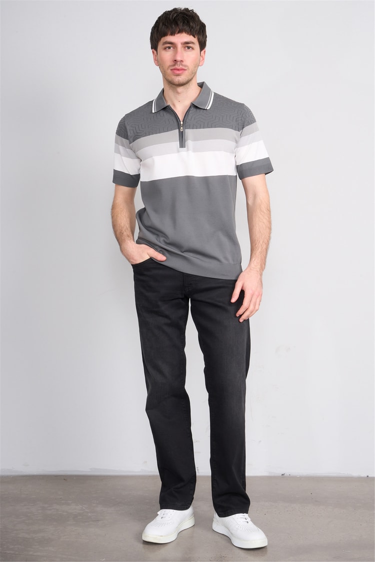 C.K Y26 811 Gri Erkek Triko Fermuarlı Polo Yaka Çizgilı Tişört M-Xxl