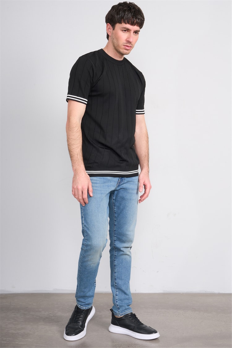 C.K Y26 828 Siyah Erkek Triko Bisiklet Yaka Nakış Detaylı Şeritli Tişört M-Xxl