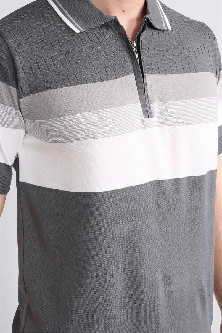 C.K Y26 811 Gri Erkek Triko Fermuarlı Polo Yaka Çizgilı Tişört M-Xxl