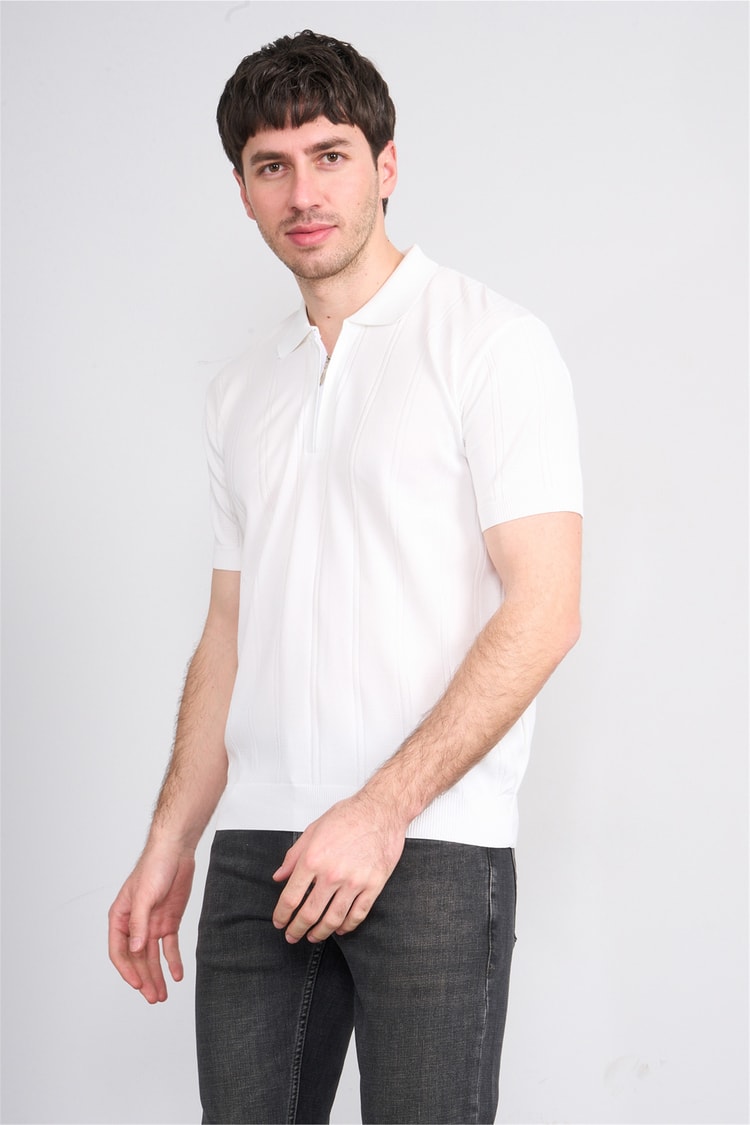 C.K Y26 812 Beyaz Erkek Triko Fermmuarlı Şeritli Polo Yaka Tişört M-Xxl