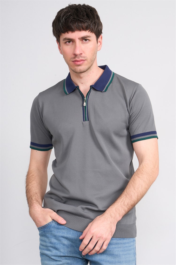 C.K Y26 803 Gri Erkek Triko Fermuarlı Polo Yaka Tişört M-Xxl
