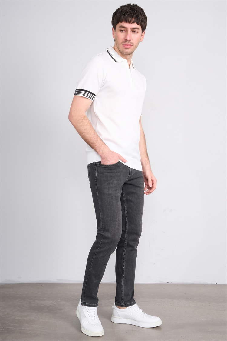 C.K Y26 815 Beyaz Erkek Triko Fermmuarlı Şeritli Polo Yaka Tişört M-Xxl