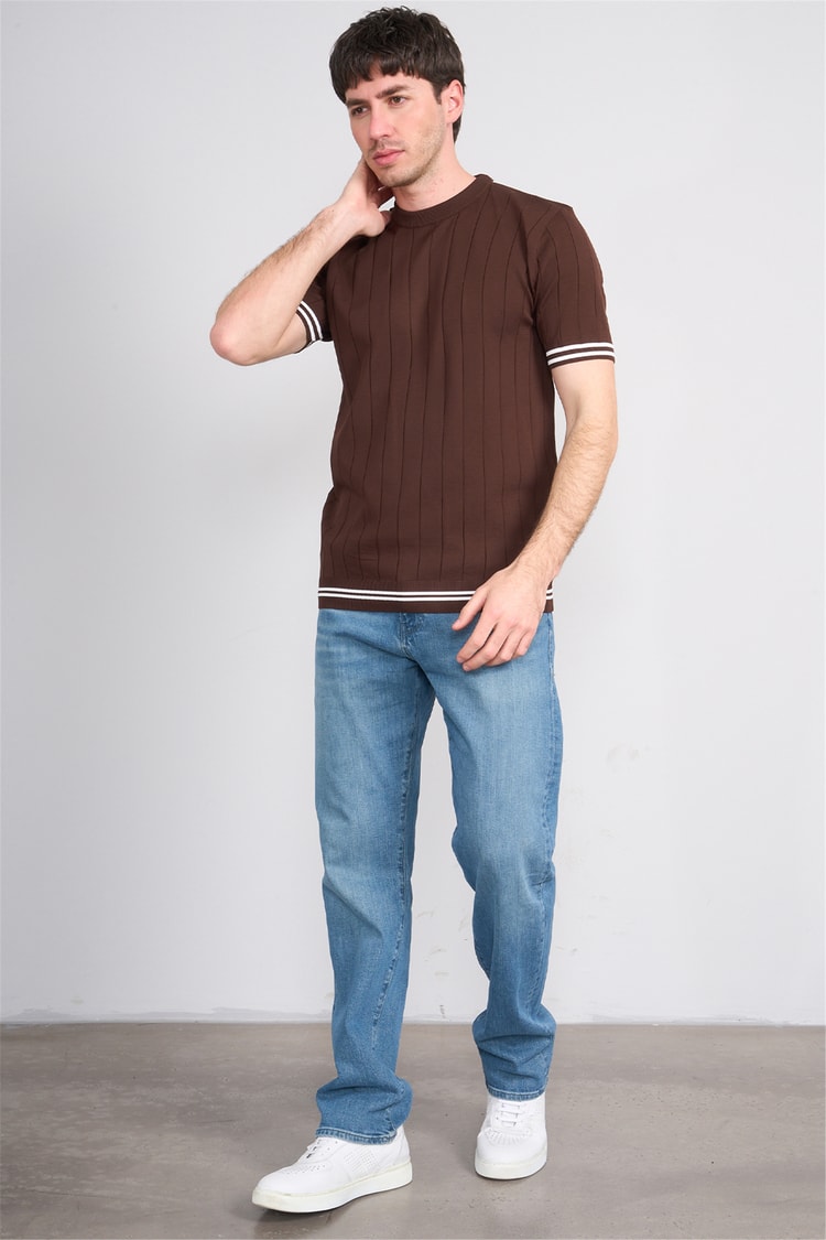 C.K Y26 828 Kahverengi Erkek Triko Bisiklet Yaka Nakış Detaylı Şeritli Tişört M-Xxl
