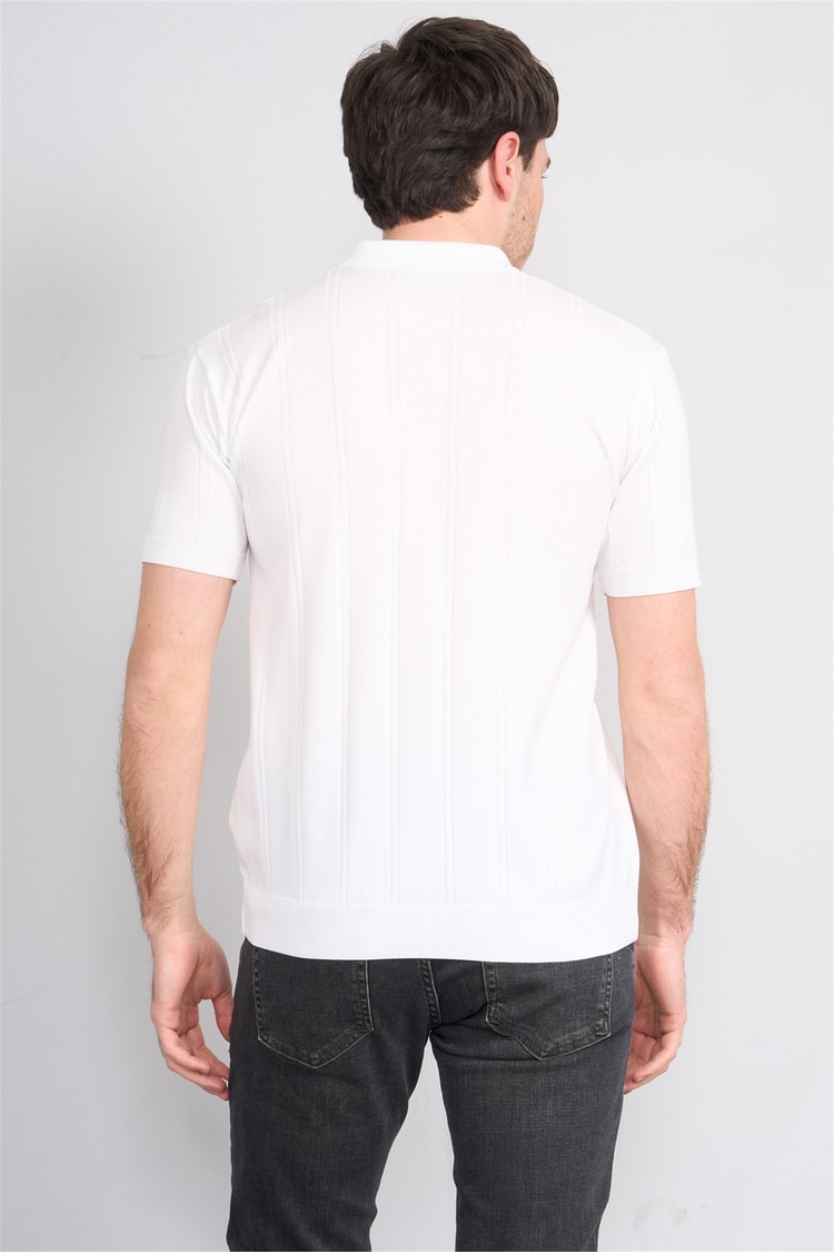 C.K Y26 812 Beyaz Erkek Triko Fermmuarlı Şeritli Polo Yaka Tişört M-Xxl