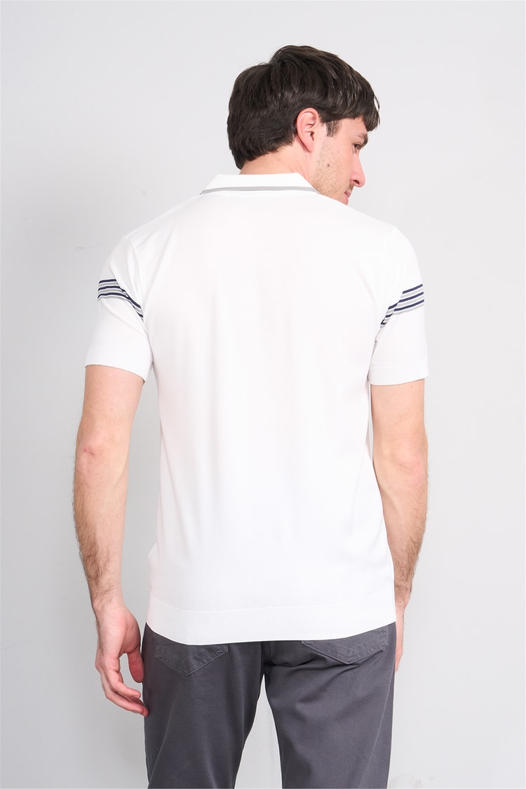 C.K Y26 805 Beyaz Erkek Triko Fermuarlı Çizgi Detaylı Polo Yaka Tişört M-Xxl