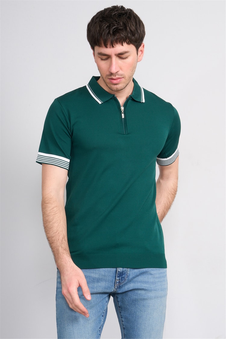C.K Y26 815 Zümrüt Erkek Triko Fermmuarlı Şeritli Polo Yaka Tişört M-Xxl