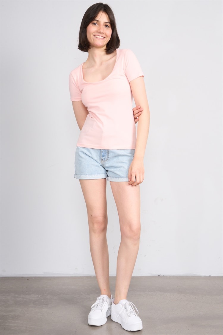 C.K Y26 8038 Pachie Byn U Yaka Basic T-shirt Pudra