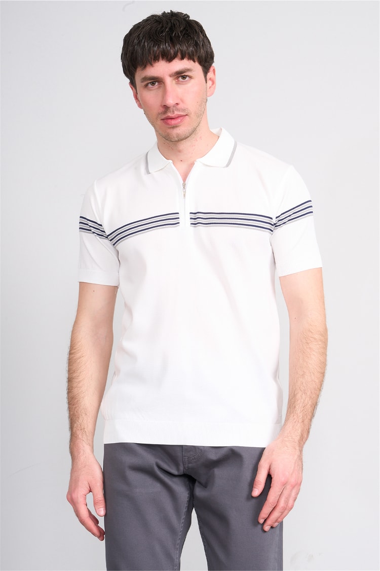 C.K Y26 805 Beyaz Erkek Triko Fermuarlı Çizgi Detaylı Polo Yaka Tişört M-Xxl
