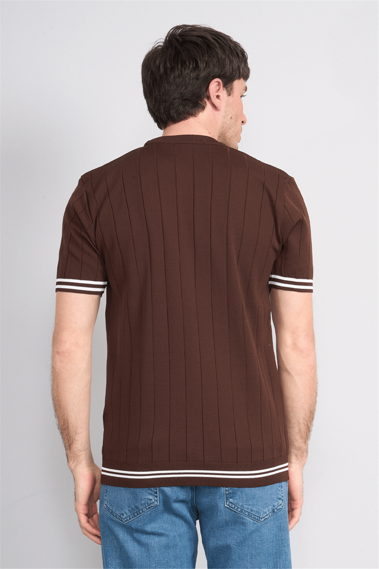 C.K Y26 828 Kahverengi Erkek Triko Bisiklet Yaka Nakış Detaylı Şeritli Tişört M-Xxl